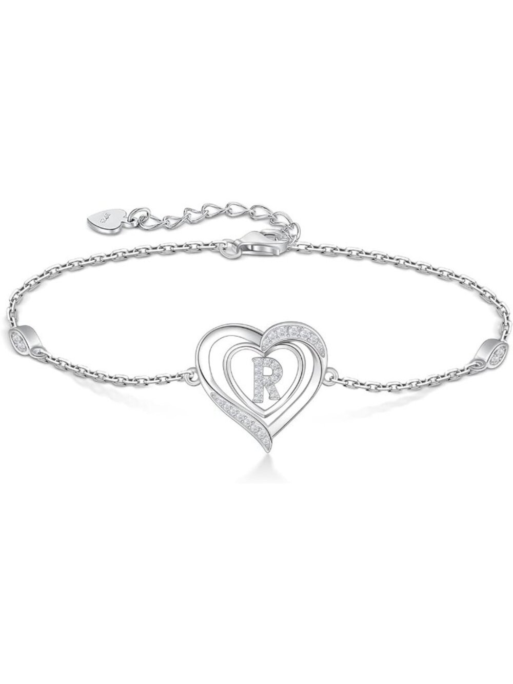 Personalized Heart Initial Bracelet, 925 Sterling Silver Alphabet Charm Jewelry